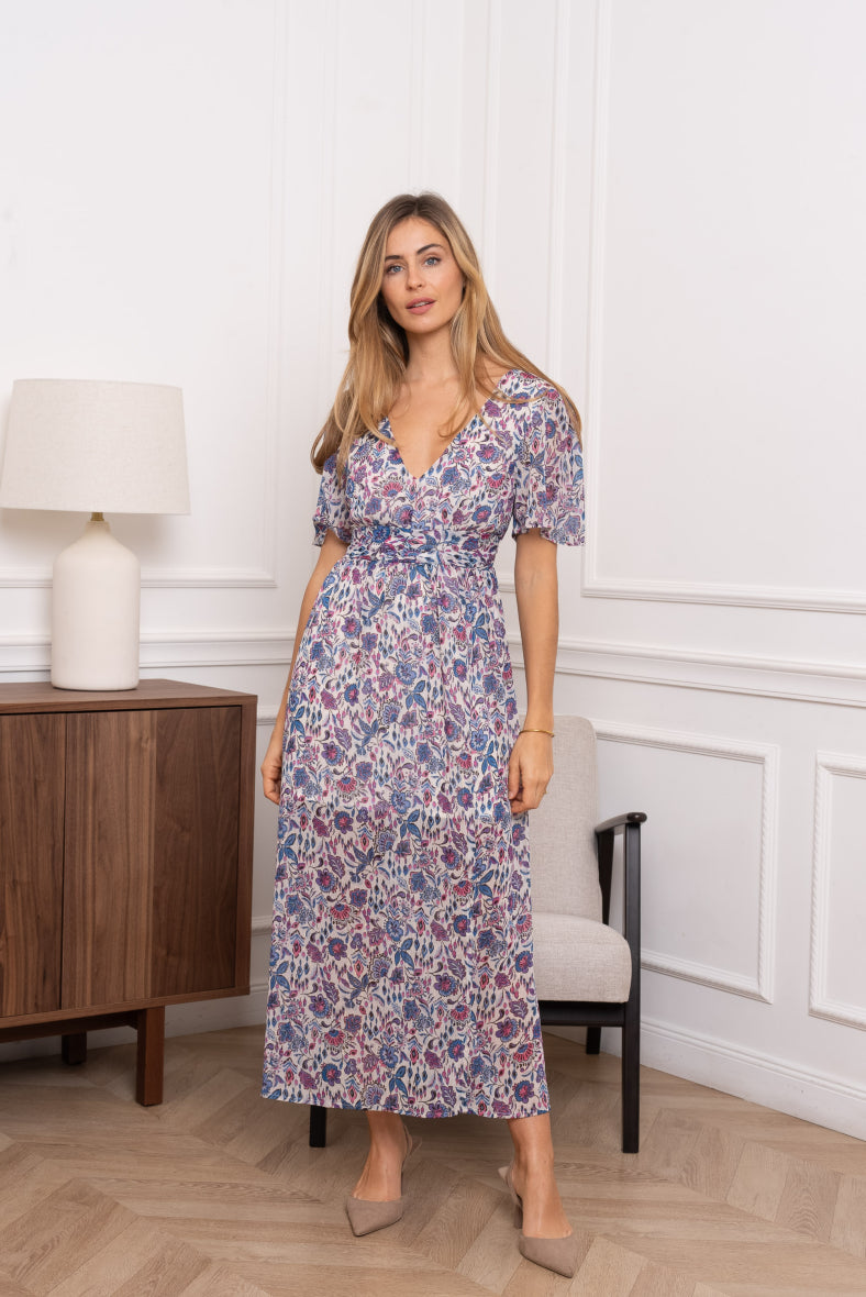 Robe longue fleurie en lurex