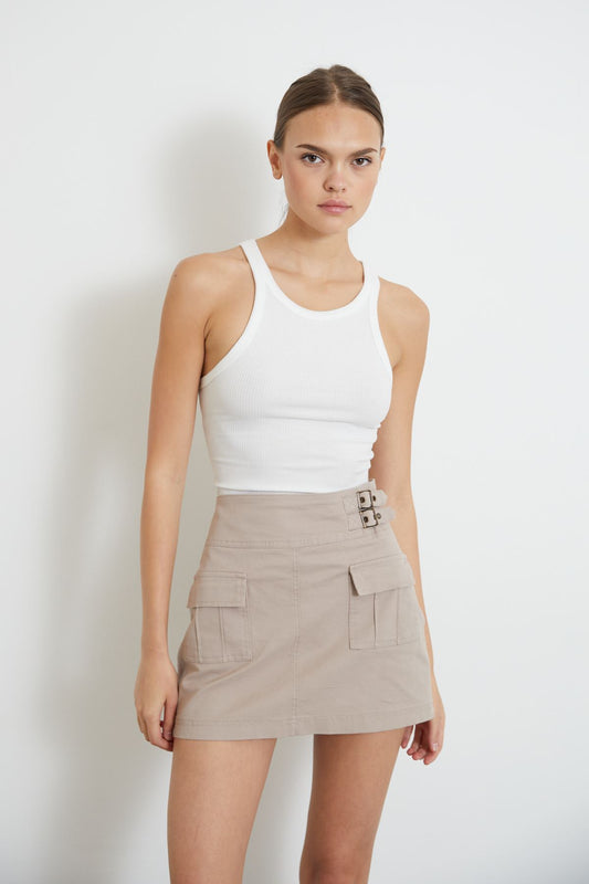 Jupe Femme Lycra Gabardine Mini Cargo Side Zipper - Beige