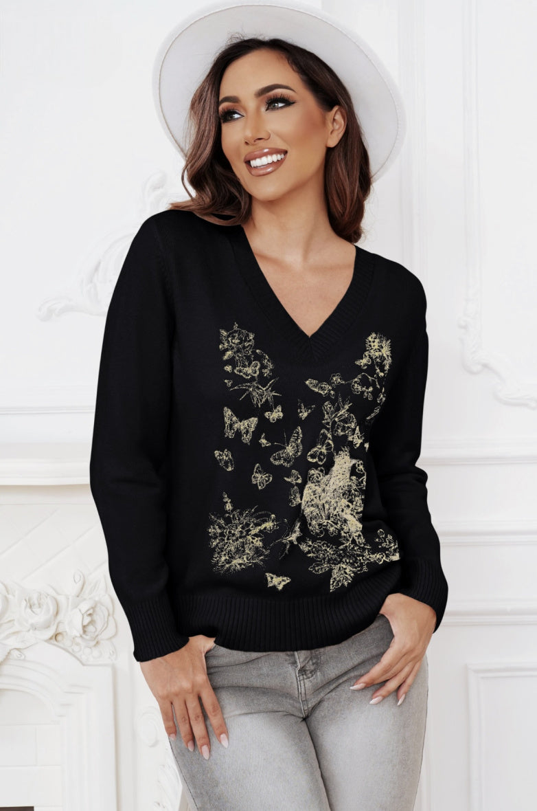 Pull col V avec imprimé doré papillons et fleurs